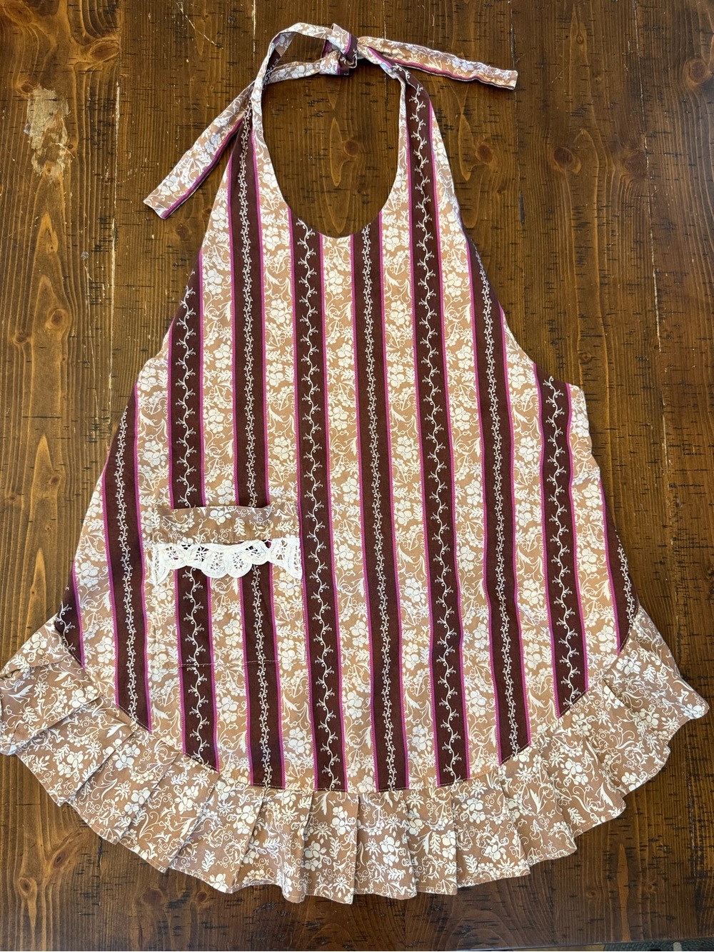 Vintage Halter Apron Floral Striped Cotton Full Apron with Ruffled Trim Retro